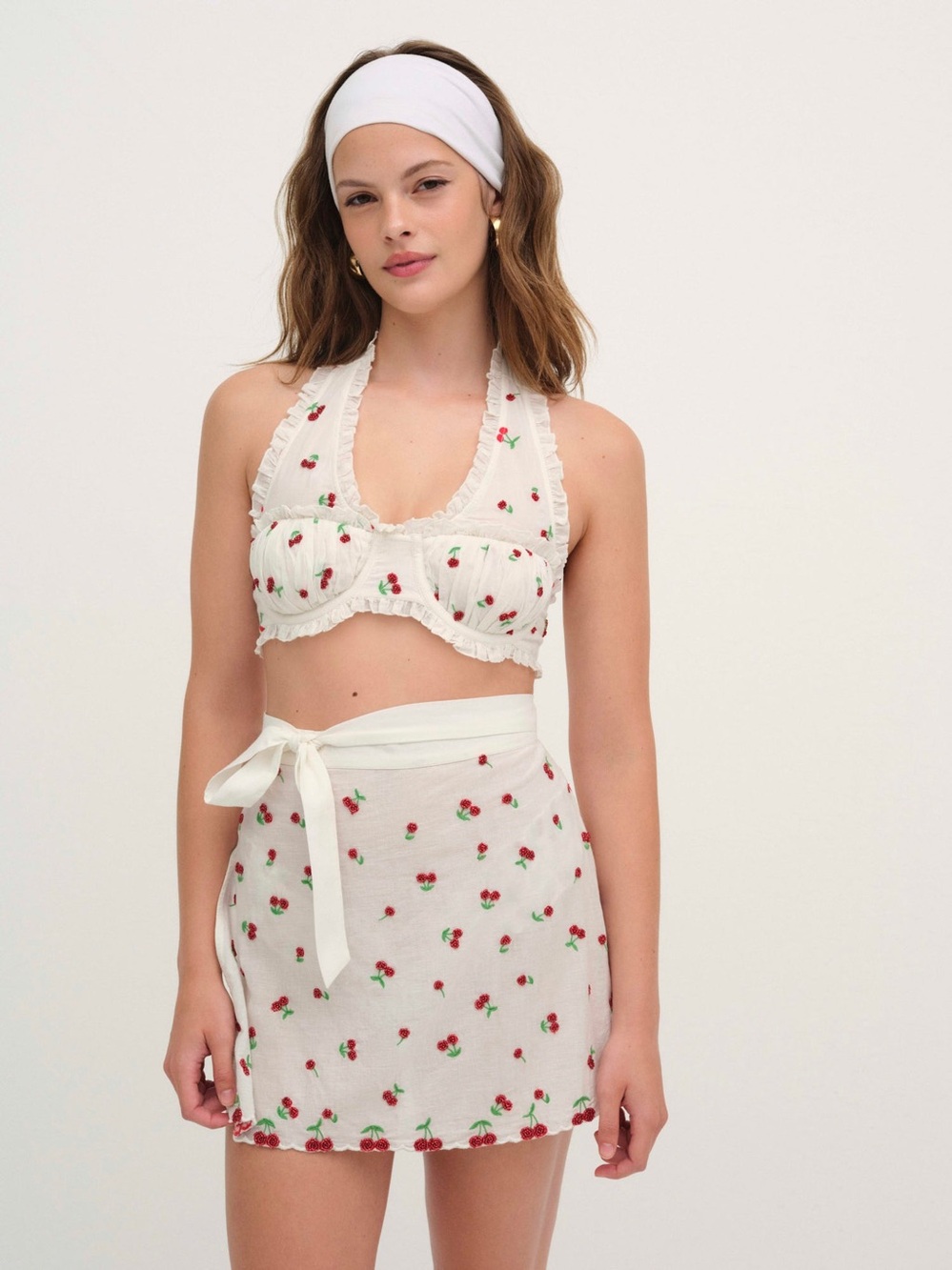 For Love  & Lemons White Beaded Cherry Halter Underwire Bralette & Apron Set NWT